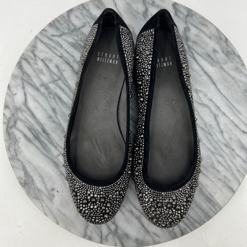 Stuart Weitzman Flats Womens 8‎ Black Crystal Studded Suede Ballet Slippers - Picture 8 of 12